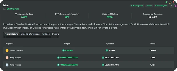bc game originals classic dice high wins mx mexico