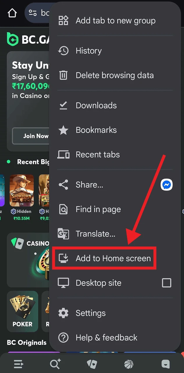 install bc game pwa on android step 2