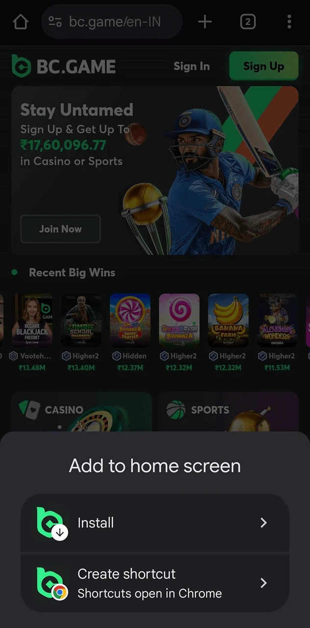 install bc game pwa on android step 3